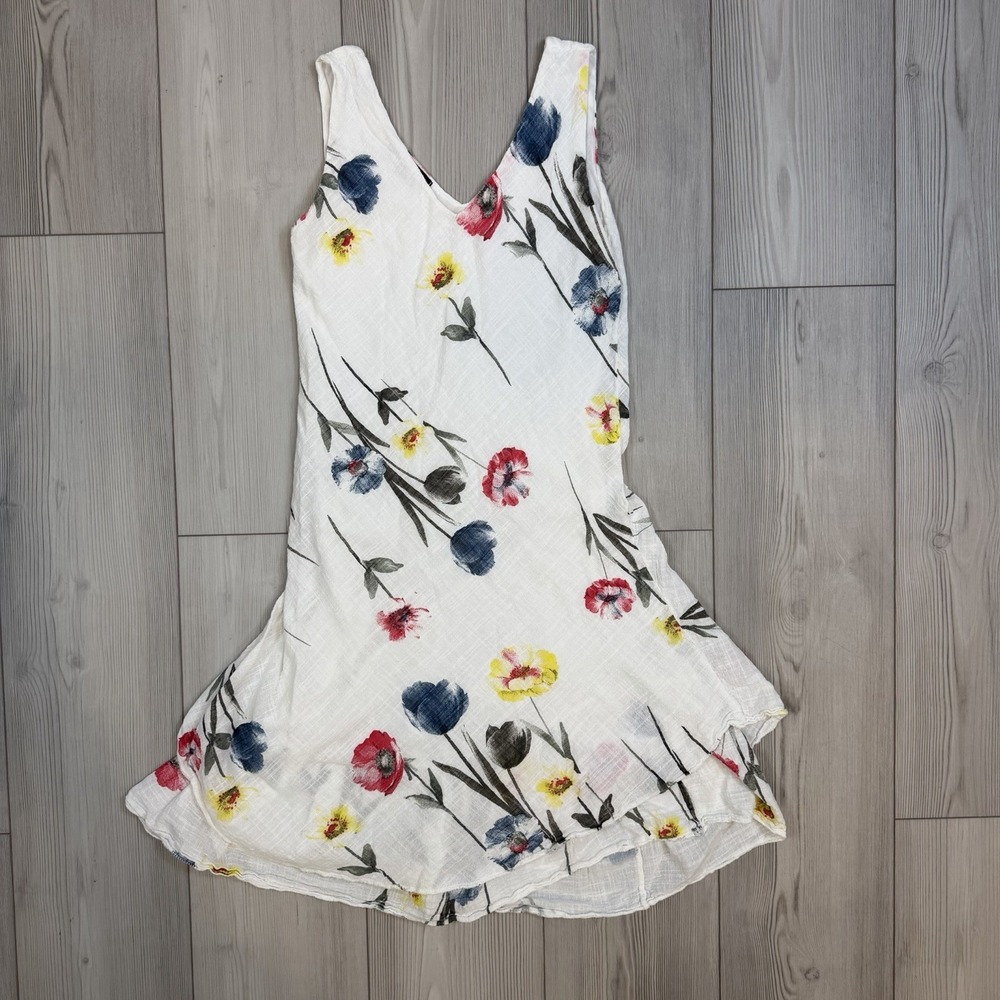 CHARLIE B Dress Small P Floral Lace Asymmetric Hem Sleeveless Linen Italy